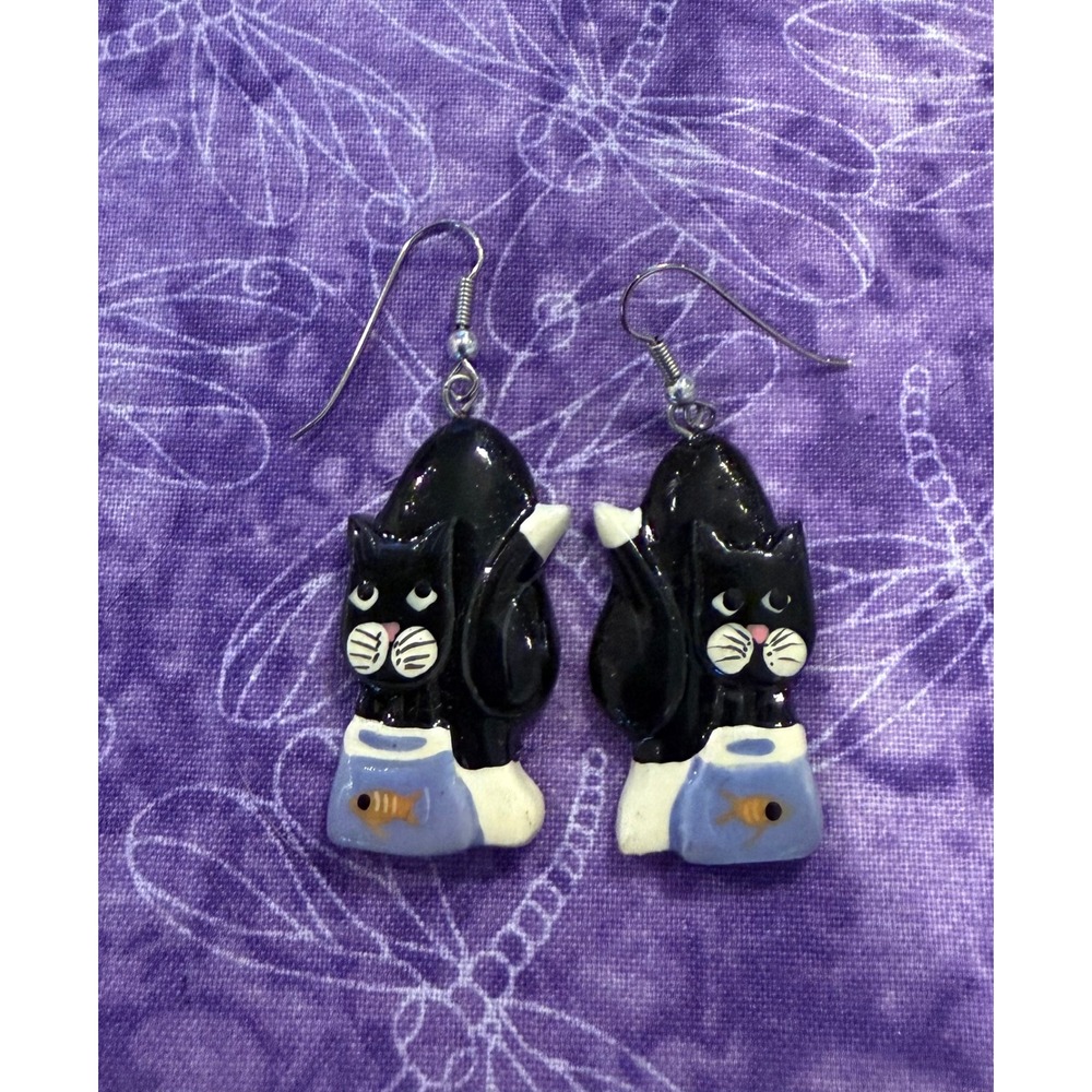 Black Cat Kitten Fishbowl Womens Drop Earrings Novelty Hand Painted Dangle Wood